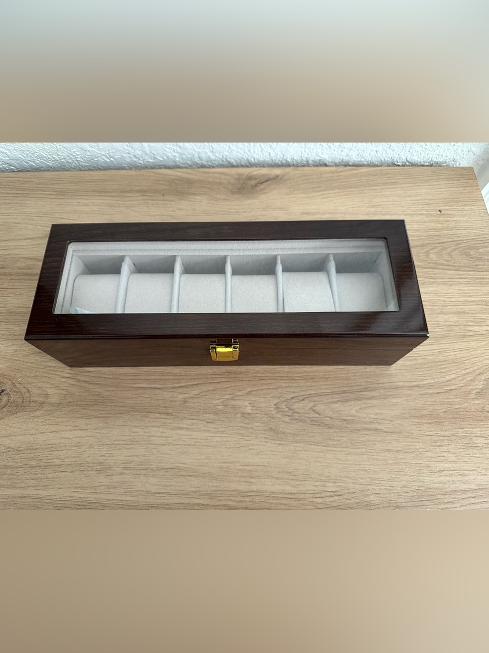 Wooden Watch Storage Box with Glass Top - Dark Brown